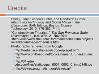 Credits
   Shelly, Gary, Glenda Gunter, and Randolph Gunter.
    Integrating Technology and Digital Media in the
    Classroom. Sixth Edition. Boston: Course
    Technology, 2010. 376-382. Print.
   "Constructivism Theorists." The San Francisco State
    University.N.p., n.d. Web. 21 Nov 2011.
    <http://userwww.sfsu.edu/~foreman/itec800/finalprojects
    /eitankaplan/pages/theorists.htm
   Photographs retrieved from Google:
      http://webspace.ship.edu/cgboer/piaget.html
      http://www.phillwebb.net/topics/human/Bruner/Bruner.
       htm
      http://01.edu-
       cdn.com/files/static/g/pcl_0001_0002_0_img0146.jpg
      http://dewey.pragmatism.org/dewey.gif
 