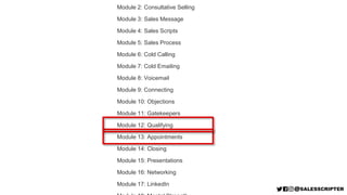 Module 2: Consultative Selling
Module 3: Sales Message
Module 4: Sales Scripts
Module 5: Sales Process
Module 6: Cold Call...