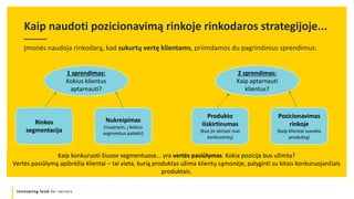 Innovating food for seniors
Įmonės naudoja rinkodarą, kad sukurtų vertę klientams, priimdamos du pagrindinius sprendimus:
Kaip naudoti pozicionavimą rinkoje rinkodaros strategijoje...
Nukreipimas
(nuspręsti, į kokius
segmentus patekti)
1 sprendimas:
Kokius klientus
aptarnauti?
Rinkos
segmentacija
2 sprendimas:
Kaip aptarnauti
klientus?
Produkto
išskirtinumas
(kuo jis skiriasi nuo
konkurentų)
Pozicionavimas
rinkoje
(kaip klientai suvokia
produktą)
Kaip konkuruoti šiuose segmentuose... yra vertės pasiūlymas. Kokia pozicija bus užimta?
Vertės pasiūlymą apibrėžia klientai – tai vieta, kurią produktas užima klientų sąmonėje, palyginti su kitais konkuruojančiais
produktais.
 