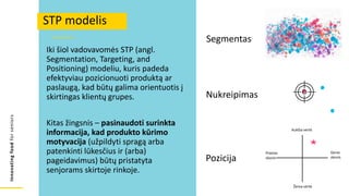 Innovating
food
for
seniors
Iki šiol vadovavomės STP (angl.
Segmentation, Targeting, and
Positioning) modeliu, kuris padeda
efektyviau pozicionuoti produktą ar
paslaugą, kad būtų galima orientuotis į
skirtingas klientų grupes.
Kitas žingsnis – pasinaudoti surinkta
informacija, kad produkto kūrimo
motyvacija (užpildyti spragą arba
patenkinti lūkesčius ir (arba)
pageidavimus) būtų pristatyta
senjorams skirtoje rinkoje.
STP modelis
Segmentas
Nukreipimas
Aukšta vertė
Žema vertė
Geras
skonis
Prastas
skonis
Pozicija
 
