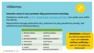Innovating food for seniors
Sukurkite vienos iš savo produkto idėjų pozicionavimo žemėlapį.
Pateikiame vaizdo įrašo „S-T-P – Positioning“ nuorodą „YouTube“, kuri padės jums atlikti
šią užduotį.
Nepamirškite teisingai paženklinti ašių. Sukūrėme šią ašių pavadinimų lentelę, kad
pateiktume jums keletą pasiūlymų.
Uždavinys:
1. ŽEMAS GARSAS AUKŠTAS GARSAS
2. SUNKUS LENGVAS
3. BŪTINAS DAIKTAS PRABANGUS DAIKTAS
4. PAPRASTAS SUDĖTINGAS
5. NESVEIKAS SVEIKAS
6. SUNKU
NAUDOTIS/ATIDARYTI
LENGVA
NAUDOTIS/ATIDARYTI
PATARIMAS: atlikdami
šią užduotį pagalvokite
apie savo vyresnio
amžiaus auditoriją ir
apie tai, kas galėtų ją
motyvuoti!
 