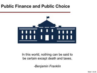 Public Finance and Public Choice
In this world, nothing can be said to
be certain except death and taxes.
-Benjamin Franklin
Slide 1 of 25
 