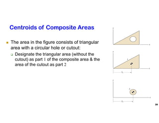 28
Centroids of Composite Areas
 The area in the figure consists of triangular
area with a circular hole or cutout:
 Designate the triangular area (without the
cutout) as part 1 of the composite area & the
area of the cutout as part 2
 