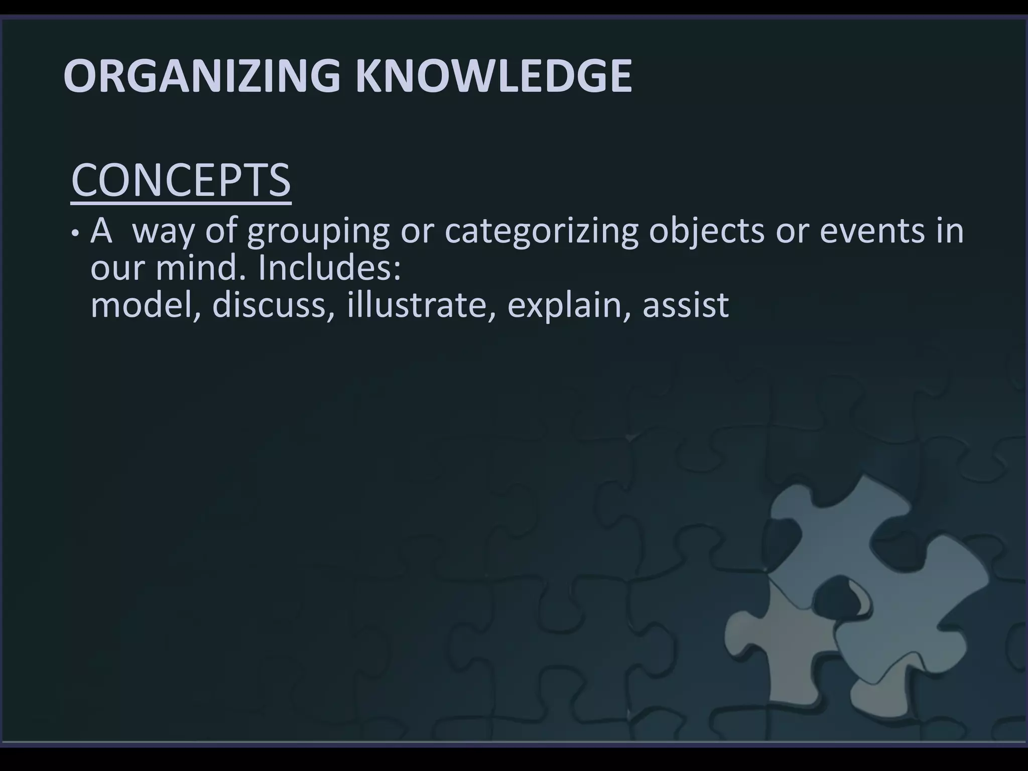 ORGANIZING KNOWLEDGE
CONCEPTS
• A way of grouping or categorizing objects or events in
our mind. Includes:
model, discuss, illustrate, explain, assist
 