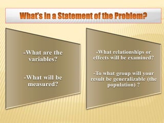 -What are the
variables?
-What will be
measured?
-What relationships or
effects will be examined?
-To what group will your
result be generalizable (the
population) ?
 