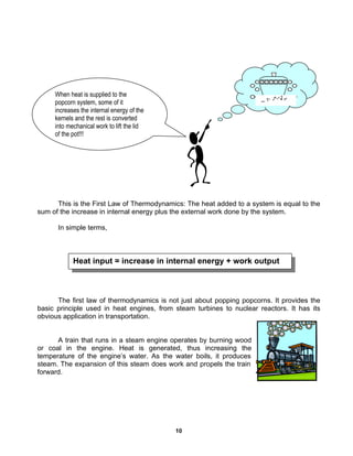 10
This is the First Law of Thermodynamics: The heat added to a system is equal to the
sum of the increase in internal energy plus the external work done by the system.
In simple terms,
The first law of thermodynamics is not just about popping popcorns. It provides the
basic principle used in heat engines, from steam turbines to nuclear reactors. It has its
obvious application in transportation.
A train that runs in a steam engine operates by burning wood
or coal in the engine. Heat is generated, thus increasing the
temperature of the engine’s water. As the water boils, it produces
steam. The expansion of this steam does work and propels the train
forward.
When heat is supplied to the
popcorn system, some of it
increases the internal energy of the
kernels and the rest is converted
into mechanical work to lift the lid
of the pot!!!
Heat input = increase in internal energy + work output
 