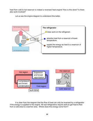 20
heat from cold to hot reservoir is indeed a reversed heat engine! How is this done? Is there
also work involved?
Let us see the engine diagram to understand this better.
It is clear from the diagram that the flow of heat can only be reversed by a refrigerator
if the energy is supplied to the engine. All real refrigerators require work to get heat to flow
from a cold area to a warmer area. Where does this energy come from?
The refrigerator
does work on the refrigerant .
absorbs heat from a reservoir of lower
temperature.
expels the energy as heat to a reservoir of
higher temperature.
 