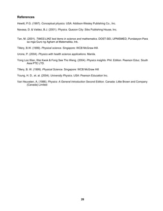 28
References
Hewitt, P.G. (1997). Conceptual physics. USA: Addison-Wesley Publishing Co., Inc.
Navasa, D. & Valdez, B.J. (2001). Physics. Quezon City: Sibs Publishing House, Inc.
Tan, M. (2001). TIMSS-LIKE test items in science and mathematics. DOST-SEI, UPNISMED, Pundasyon Para
sa mga Guro ng Agham at Matematika, Ink.
Tillery, B.W. (1999). Physical science. Singapore: WCB McGraw-Hill.
Urone, P. (2004). Physics with health science applications. Manila.
Yong Loo Wan, Wai Kwok & Fong See Tho Weng. (2004). Physics insights. Phil. Edition. Pearson Educ. South
Asia PTE LTD.
Tillery, B. W. (1999). Physical Science. Singapore: WCB McGraw Hill
Young, H. D., et. al. (2004). University Physics. USA: Pearson Education Inc.
Van Heuvelen, A. (1986). Physics: A General Introduction Second Edition. Canada: Little Brown and Company
(Canada) Limited
 