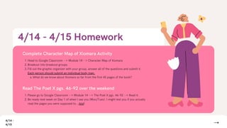 4/14 - 4/15 Homework
Complete Character Map of Xiomara Activity
Head to Google Classroom --> Module 14 - > Character Map of Xiomara
Breakout into breakout groups
Fill out the graphic organizer with your group, answer all of the questions and submit it.
Each person should submit an individual body map.
What do we know about Xiomara so far from the first 45 pages of the book?
1.
2.
3.
a.
4/14 -
4/15
Read The Poet X pgs. 46-92 over the weekend
Please go to Google Classroom --> Module 14 --> The Poet X pgs. 46-92 --> Read it.
Be ready next week on Day 1 of when I see you (Mon/Tues). I might test you if you actually
read the pages you were supposed to...hint!
1.
2.
 
