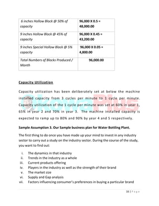 16 | P a g e
6 inches Hollow Block @ 50% of
capacity
96,000 X 0.5 =
48,000.00
9 inches Hollow Block @ 45% of
capacity
96,000 X 0.45 =
43,200.00
9 inches Special Hollow Block @ 5%
capacity
96,000 X 0.05 =
4,800.00
Total Numbers of Blocks Produced /
Month
96,000.00
Capacity Utilization
Capacity utilization has been deliberately set at below the machine
installed capacity from 3 cycles per minute to 1 cycle per minute.
Capacity utilization of the 1 cycle per minute was set at 60% in year 1,
65% in year 2 and 70% in year 3. The machine installed capacity is
expected to ramp up to 80% and 90% by year 4 and 5 respectively.
Sample Assumption 3. Our Sample business plan for Water Bottling Plant.
The first thing to do once you have made up your mind to invest in any industry
sector to carry out a study on the industry sector. During the course of the study,
you want to find out:
i. The dynamics in that industry
ii. Trends in the industry as a whole
iii. Current products offering
iv. Players in the industry as well as the strength of their brand
v. The market size
vi. Supply and Gap analysis
vii. Factors influencing consumer’s preferences in buying a particular brand
 