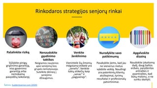 Innovating food for seniors
Pašalinkite riziką
Naudokite įskaitomą
dydį, daug baltos
erdvės, paryškintas
antraštes ir
paantraštes, kad
būtų malonu, o ne
sunku skaityti.
Siūlykite pinigų
grąžinimo garantiją,
viso gyvenimo
garantiją arba
nemokamą
pavyzdžių laikotarpį.
Vienintelė šių žmonių
mėgstama etiketė yra
„senelis“. Venkite
tokių etikečių kaip
„senas“ ir
„pagyvenęs“.
Neigiamos naujienos
apie senėjimą šios
grupės nemotyvuoja.
Sutelkite dėmesį į
senėjimo
džiaugsmus.
Nenaudokite
gąsdinimo
taktikos
Venkite
ženklinimo
Nurodykite savo
patikimumą
Apgalvokite
dizainą
Rinkodaros strategijos senjorų rinkai
Šaltinis: Suddenlysenior.com (2020)
Pasakykite jiems, kad jau
ne vienerius metus
vykdote veiklą. Naudingi
yra patenkintų klientų
atsiliepimai, tyrimų
rezultatai ir profesionalų
patvirtinimai.
 