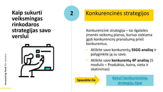 Innovating
food
for
seniors
Konkurencinė strategija – tai ilgalaikis
įmonės veiksmų planas, kuriuo siekiama
įgyti konkurencinį pranašumą prieš
konkurentus.
• Atlikite savo konkurentų SSGG analizę ir
palyginkite ją su savo.
• Atlikite savo konkurentų 4P analizę (5
modulis – Produktas, kaina, vieta ir
skatinimas)
Konkurencinės strategijos
Kaip sukurti
veiksmingas
rinkodaros
strategijas savo
verslui
2
Keturi konkurencinių
strategijų tipai
Spauskite čia
 