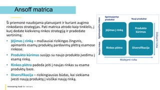 Innovating food for seniors
Ansoff matrica
Ši priemonė naudojama planuojant ir kuriant augimo
rinkodaros strategijas. Pati matrica atrodo kaip tinklelis, į
kurį dedate kiekvieną rinkos strategiją ir pradedate
vertinimą:
• Įėjimas į rinką – mažiausiai rizikingas žingsnis,
apimantis esamų produktų pardavimų plėtrą esamose
rinkose.
• Produkto kūrimas susijęs su naujo produkto įvedimu į
esamą rinką.
• Rinkos plėtra padeda įeiti į naujas rinkas su esama
produktų baze.
• Diversifikacija – rizikingiausias būdas, kai siekiama
įvesti naują produktą į visiškai naują rinką.
Įėjimas į rinką
Rinkos plėtra Diversifikacija
Produkto
kūrimas
Egzistuojantys
produktai Nauji produktai
Egzistuojančios
rinkos
Naujos
rinkos
Mažėjanti rizika
Didėjanti
rizika
 