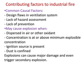 Contributing factors to industrial fire
•Common Causal Factors:
- Design flaws in ventilation system
- Lack of hazard assessment
- Lack of prevention
•May cause explosion when:
- Dispersed in air or other oxidant
- Concentration is at or above minimum explosible
concentration
- Ignition source is present
- Dust is confined
Explosions can cause major damage and even
trigger secondary explosion.
 