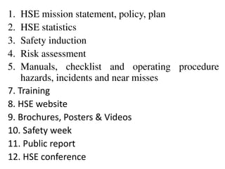 1. HSE mission statement, policy, plan
2. HSE statistics
3. Safety induction
4. Risk assessment
5. Manuals, checklist and operating procedure
hazards, incidents and near misses
7. Training
8. HSE website
9. Brochures, Posters & Videos
10. Safety week
11. Public report
12. HSE conference
 