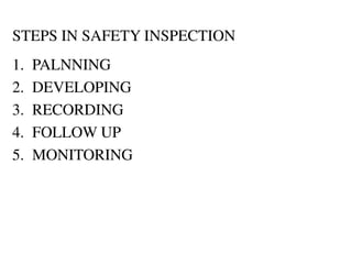 STEPS IN SAFETY INSPECTION
1. PALNNING
2. DEVELOPING
3. RECORDING
4. FOLLOW UP
5. MONITORING
 