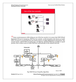 Ethical Hacking and Countermeasures Exam 312-50 Certified Ethical Hacker
Hacking Wireless Networks
Module XV Page 28 of 31 Ethical Hacking and Countermeasures Copyright © by EC-Council
All rights reserved. Reproduction is strictly prohibited
EC-Council
Out of the box security
Some countermeasures while taking an out of the box security is to ensure that WEP (Wired
Equivalent Privacy) is turned on. WEP has two variants: 40-bit encryption also known as 64-bit
WEP. To access to a 64-bit WEP the user needs to know a 10 digit alphanumeric network key. The
second variant, 128-bit WEP encryption has a 26 digit key. Rotating WEP keys monthly is a good
practice. 802.1x allows users to rotate WEP key's automatically at user defined intervals.
Fig: WEP Privacy Using RC4 Algorithm
Source: NIST
 