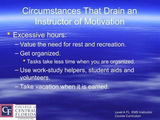 Level A FL EMS Instructor
Level A FL EMS Instructor
Course Curriculum
Course Curriculum
Circumstances That Drain an
Instructor of Motivation
 Excessive hours:
– Value the need for rest and recreation.
– Get organized.
 Tasks take less time when you are organized.
– Use work-study helpers, student aids and
volunteers.
– Take vacation when it is earned.
 