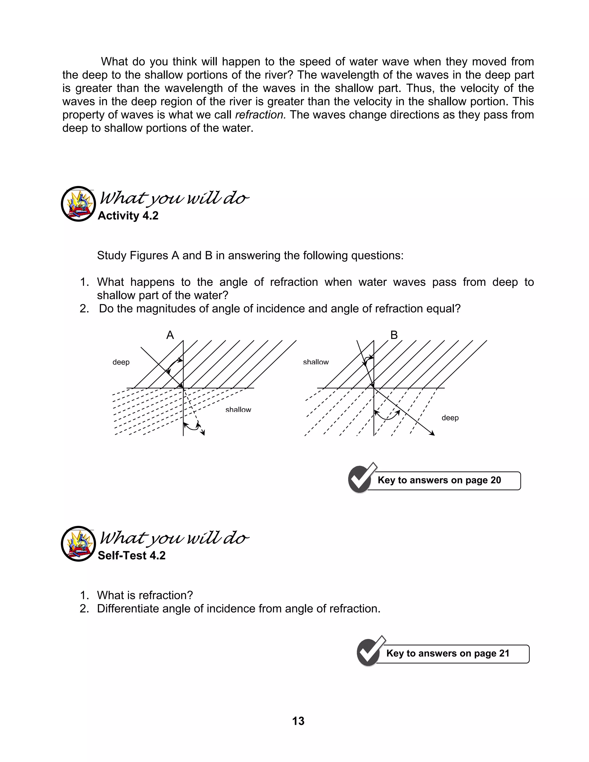 13
What do you think will happen to the speed of water wave when they moved from
the deep to the shallow portions of the river? The wavelength of the waves in the deep part
is greater than the wavelength of the waves in the shallow part. Thus, the velocity of the
waves in the deep region of the river is greater than the velocity in the shallow portion. This
property of waves is what we call refraction. The waves change directions as they pass from
deep to shallow portions of the water.
What you will do
Activity 4.2
Study Figures A and B in answering the following questions:
1. What happens to the angle of refraction when water waves pass from deep to
shallow part of the water?
2. Do the magnitudes of angle of incidence and angle of refraction equal?
A B
What you will do
Self-Test 4.2
1. What is refraction?
2. Differentiate angle of incidence from angle of refraction.
deep
shallow
shallow
deep
Key to answers on page 20
Key to answers on page 21
 