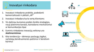 Innovating food for seniors
1. Inovatyvi rinkodaros praktika, padedanti
komercializuoti ir plėtoti „4P“
2. Inovatyvi rinko...