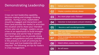 01 Deliver performance, consistently
02 Display a positive attitude, always
03 Be a team player and a ‘follower’
04 Volunteer to lead projects and join initiatives
05 Become a well-rounded generalist
Crises can test leadership capability,
decision making and strategic thinking
abilities. During a crisis, stakeholders
should be engaged and interactions with
them (and possibly the media) to articulate
the situation and to share your intended
actions plan are strategic. Leaders can use
crises as an opportunity to build stronger
partnerships and ask for help if needed.
Your team expects you to provide strong
support and guidance and your confidence
in the process is a mark of continuity for
your team and true leadership skills are
required. The following are tips for leaders
in crisis management:
Demonstrating Leadership
06
Own your failures/mistakes…and
learn from them
07 Think strategically, and see the big picture
at every turn
08 Watch others, assess, listen, learn
09 Be self-aware
 