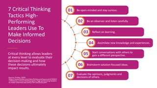 7 Critical Thinking
Tactics High-
Performing
Leaders Use To
Make Informed
Decisions
Critical thinking allows leaders
at every level to evaluate their
decision-making and how
these decisions ultimately
impact results.
Be open-minded and stay curious.
01
Be an observer and listen carefully.
02
Reflect on learning.
03
Assimilate new knowledge and experiences.
04
Brainstorm solution-focused ideas.
06
Start conversations with others to
gain a different perspective.
05
Evaluate the opinions, judgments and
decisions of others.
07
Source: Forbes, 2020:
https://www.forbes.com/sites/forbescoachescouncil/2020/1
1/03/seven-critical-thinking-tactics-high-performing-leaders-
to-make-informed-decisions/?sh=2ed7b3ce24f7
 