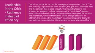 There is no recipe for success for managing a company in a crisis. If "the
one and only" right decision does not exist, the goal must therefore be to
find the solution that is good enough. This inevitably leads to the
problem for managers to have to serve on the "front stage" obvious
expectations and needs of the company and the employees for security
and orientation, which in themselves create enough pressure. In
addition, the crisis on the "backstage" requires managers to deal with
contradictions, uncertainties, dilemmas and personal wishes and fears.
Leadership
in the Crisis
- Resilience
instead of
Efficiency
LEADERSHIP
 