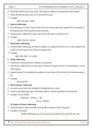 MODULE 1 MCA-203 MICROPROCESSORS AND EMBEDDED SYSTEM ADMN 2014-‘17
Dept. of Computer Science And Applications, SJCET, Palai Page 16
 When BX holds the base value of EA, 20-bit physical address is calculated from BX and DS.
 When BP holds the base value of EA, BP and SS is used.
 Example:
MOV AX, [BX + 08H]
6. Indexed Addressing
 SI or DI register is used to hold an index value for memory data and a signed 8-bit or unsigned 16-
bit displacement will be specified in the instruction.
 Displacement is added to the index value in SI or DI register to obtain the EA.
 Example:
MOV CX, [SI + 0A2H]
7. Based Index Addressing
 In Based Index Addressing, the effective address is computed from the sum of a base register (BX
or BP), an index register (SI or DI) and a displacement.
 Example:
MOV DX, [BX + SI + 0AH]
8. String Addressing
 Employed in string operations to operate on string data.
 The effective address (EA) of source data is stored in SI register and the EA of destination is stored
in DI register.
 Segment register for calculating base address of source data is DS and that of the destination data is
ES.
 Example:
MOVS BYTE
9. Direct I/O port Addressing
 are used to access data from standard I/O mapped devices or ports.
 In direct port addressing mode, an 8-bit port address is directly specified in the instruction.
 Example: IN AL, [09H]
Operations: PORTaddr = 09H
(AL)  (PORT)
10. Indirect I/O port Addressing
 The port number is taken from DX allowing 64K 8 bit ports or 32K 16 bit ports.
 Example:- IN AX,DX
If [DX]=5040,Inputs the 8 bit content of port 5040 into AL and 5041 into AH.
 