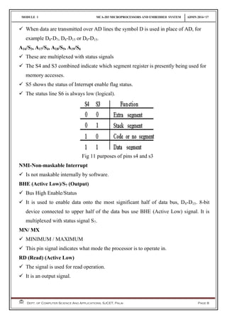 MODULE 1 MCA-203 MICROPROCESSORS AND EMBEDDED SYSTEM ADMN 2014-‘17
Dept. of Computer Science And Applications, SJCET, Palai Page 8
 When data are transmitted over AD lines the symbol D is used in place of AD, for
example D0-D7, D8-D15 or D0-D15.
A16/S3, A17/S4, A18/S5, A19/S6
 These are multiplexed with status signals
 The S4 and S3 combined indicate which segment register is presently being used for
memory accesses.
 S5 shows the status of Interrupt enable flag status.
 The status line S6 is always low (logical).
Fig 11 purposes of pins s4 and s3
NMI-Non-maskable Interrupt
 Is not maskable internally by software.
BHE (Active Low)/S7 (Output)
 Bus High Enable/Status
 It is used to enable data onto the most significant half of data bus, D8-D15. 8-bit
device connected to upper half of the data bus use BHE (Active Low) signal. It is
multiplexed with status signal S7.
MN/ MX
 MINIMUM / MAXIMUM
 This pin signal indicates what mode the processor is to operate in.
RD (Read) (Active Low)
 The signal is used for read operation.
 It is an output signal.
 