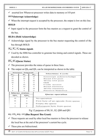 MODULE 1 MCA-203 MICROPROCESSORS AND EMBEDDED SYSTEM ADMN 2014-‘17
Dept. of Computer Science And Applications, SJCET, Palai Page 10
 asserted low Whenever processor writes data to memory or I/O port
(Interrupt Acknowledge)
 When the interrupt request is accepted by the processor, the output is low on this line.
HOLD
 Input signal to the processor form the bus masters as a request to grant the control of
the bus.
HLDA (Hold Acknowledge)
 Acknowledge signal by the processor to the bus master requesting the control of the
bus through HOLD.
, , Status signals
 Used by the 8086 bus controller to generate bus timing and control signals. These are
decoded as shown.
, (Queue Status)
 The processor provides the status of queue in these lines.
 The output on QS0 and QS1 can be interpreted as shown in the table.
Fig 12 purposes of S0, S1, S2, QS0 and QS1
, (Bus Request/ Bus Grant)
 These requests are used by other local bus masters to force the processor to release
the local bus at the end of the processor’s current bus cycle.
 These pins are bidirectional.
 