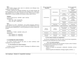 Arts Graphiques – Module 18 : Comptabilité Analytique 11
Ex 1 :
Dans l’atelier piquage d’une usine de confection sont fabriqués deux
modèles de chemises M1 et M2.
L’atelier comprend dix machines identiques, qui ont tourné chacune 160
heures pendant le mois, dont 1000 heures pour fabriquer M1 et 600 heures
pour fabriquer M2. Les charges indirectes du centre s’élèvent pour le mois à
240.000 Dhs. Les heures machine sont retenues comme unités d’œuvre.
Solution :
Coût de l’unité d’œuvre : 240.000 / 1.600 = 150 Dhs
Imputations :
- à M1 : 150 x 1.000 = 150.000 Dhs
- à M2 : 150 x 600 = 90.000 Dhs.
Ex 2 :
Les charges du centre « distribution » de la même entreprise s’élèvent à
70.000 Dhs. Le coût de production du produit M1 est de 800.000 Dhs et celui
du produit M2 de 600.000 Dhs. Le coût de production est retenu comme taux
de frais.
Solution :
Taux de frais = 70.000 / 1.400.000 = 0,05 ou 5%
Imputations :
- à M1 : 800.000 x 5% = 40.000 Dhs
- à M2 : 600.000 x 5% = 30.000 Dhs.
2. La typologie des centres d’analyse :
Les centres d’analyse peuvent être plus ou moins nombreux selon
l’entreprise et son type d’activité.
2.1. Des fonctions aux centres d’analyse :
le tableau suivant propose de manière schématique les différents centres
qu’on peut rencontrer :
Division fonctionnelle
élémentaire
Division fonctionnelle
évoluée
Administration
généraleAdministration
Gestion financièreAdministration
Gestion
Du personnel
Gestion
Du personnel
Gestion
des bâtimentsGestion
des bâtiments
et du matériel Gestion
du matériel
Services
généraux
Prestations
connexes
Prestations connexes
Administration
Gestion des
approvisionnements
Gestion des
approvisionnements
Gestion des
approvisionnements
Etudes techniques
et recherches
Etudes techniques
et recherchesServices
techniques
Services
techniques
Production Production
Distribution Distribution Distribution Distribution
Autres frais
à couvrir
Autres frais
à couvrir
Autres frais
à couvrir
Autres frais
à couvrir
2.2. Des centres d’analyse aux imputations :
Les diverses destinations des coûts des centres, lors de leurs imputations,
conduisent à une classification des centres d’analyse.
2.2.1. Les centres auxiliaires :
Ce sont les centres dont les coûts sont imputés à d’autres centres d’analyse
car l’essentiel de leur activité leur est consacré.
il s’agit par exemple de :
- Centres de gestion du personnel ( embauche, formation, services
sociaux..) ;
- Centres de gestion des bâtiments ( éclairage, hygiène, entretien…) ;
 