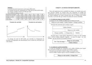 Arts Graphiques – Module 18 : Comptabilité Analytique 40
Solution :
La production peut maintenant varier jusqu’à 900 unités.
Les charges de structure augmentent de 13.000 Dhs au-delà de 600 unités.
Les charges variables restent à 110 Dhs par unité.
On en déduit le tableau suivant :
Production mensuelle 300 400 500 600 700 800 900
Charges de structure 26.000 26.000 26.000 26.000 39.000 39.000 39.000
Charges variables 33.000 44.000 55.000 66.000 77.000 88.000 99.000
Coût total 59.000 70.000 81.000 92.000 116.000 127.000 138.000
Coût unitaire 197 175 162 153 166 159 153
Variation du coût total Variation du coût unitaire
Le passage du seuil de 600 unités, qui nécessite un changement de
structure, fait apparaître une discontinuité sur les courbes de coût total et de
coût unitaire.
CHAP. 9 : LE SEUIL DE RENTABILITE
Dans cette application de la variabilité des charges, on considère que, pour
une structure donnée, les charges fixes sont supportées en totalité par
l’exploitation, quel que soit le niveau d’activité. En conséquence, il faudra que
les ventes atteignent un certain montant pour que ces charges fixes soient
couvertes. C’est cette idée qui conduit à la notion de seuil de rentabilité.
1 – La notion de marge sur coût variable :
La marge sur coût variable est définie par la relation suivante :
Marge sur coût variable = Chiffre d’affaires – Charges variables
Elle peut être présentée par le schéma ci-après :
Chiffre d’affaires
Marge sur coût variable
Charges variables Charges fixes Bénéfice
On peut grâce à cette logique déterminer la marge sur coût variable
pour 1 DH de chiffre d’affaires, Appelée « Le taux de marge sur coût
variable » qui est calculer de la manière suivante :
Marge sur coût variable
Tm = Taux de marge =
Chiffre d’affaires
2 – La notion de seuil de rentabilité :
Le seuil de rentabilité de l’entreprise est le chiffre d’affaires pour lequel
elle couvrirait la totalité de ses charges sans bénéfice ni perte.
On parle aussi de chiffre d’affaire critique ou de point mort.
Pour un chiffre d’affaires égal au seuil de rentabilité, on a donc :
Marge sur coût variable = Charges Fixes
 
