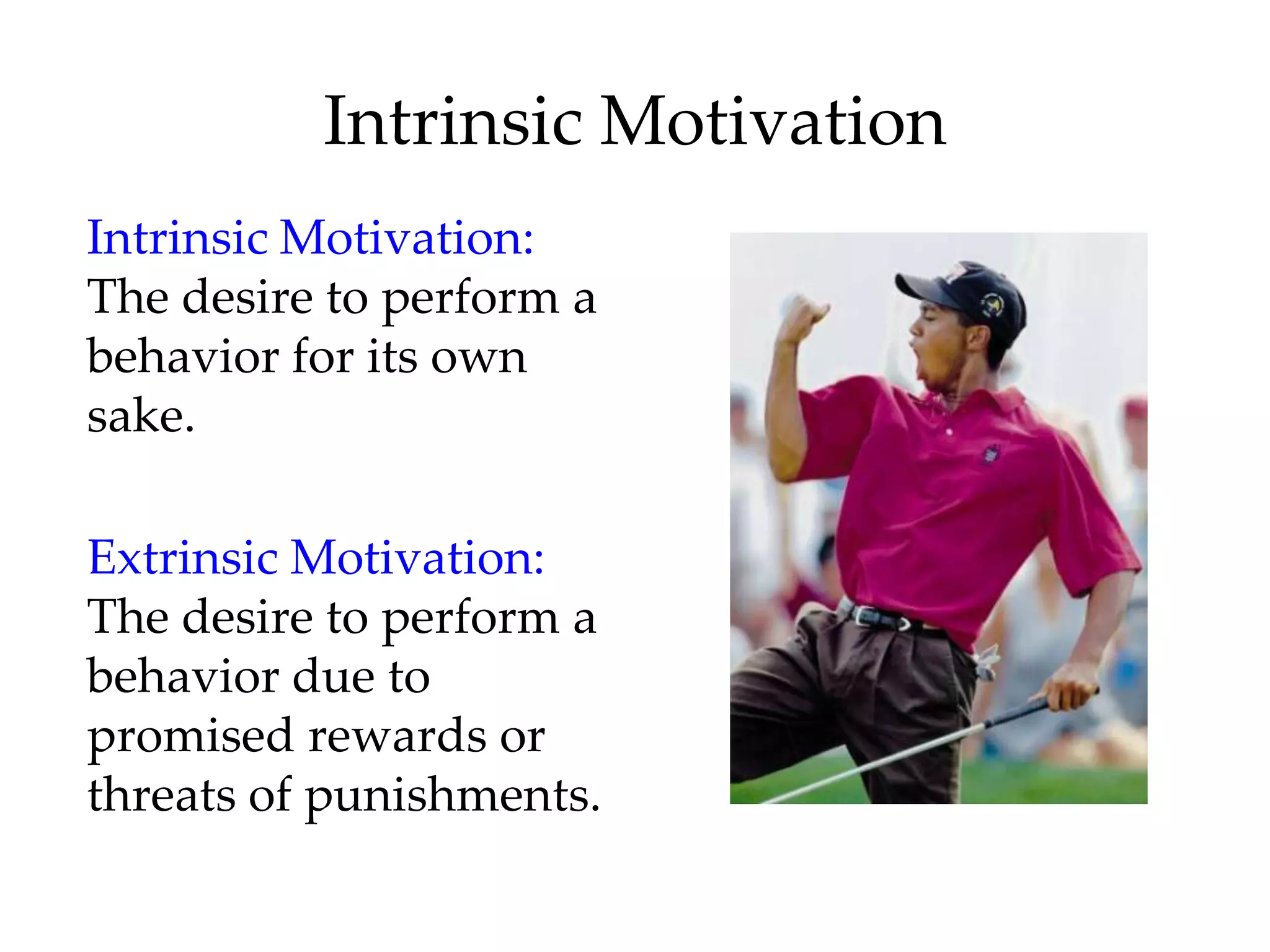 Intrinsic Motivation
Intrinsic Motivation:
The desire to perform a
behavior for its own
sake.

Extrinsic Motivation:
The desire to perform a
behavior due to
promised rewards or
threats of punishments.
 