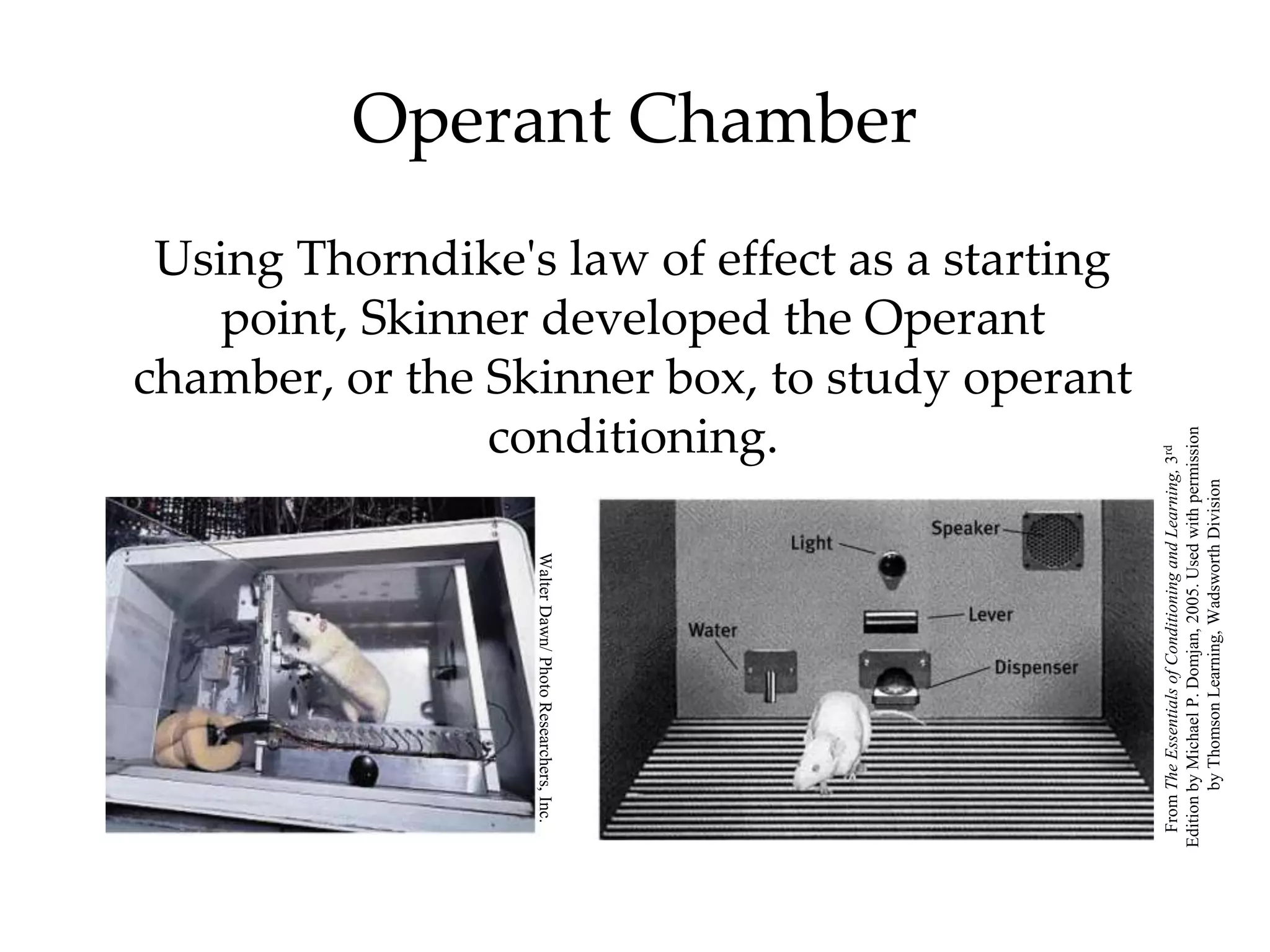 Operant Chamber
 Using Thorndike's law of effect as a starting
   point, Skinner developed the Operant
chamber, or the Skinner box, to study operant
                conditioning.




                                                         Edition by Michael P. Domjan, 2005. Used with permission
                                                          From The Essentials of Conditioning and Learning, 3rd

                                                                 by Thomson Learning, Wadsworth Division
                  Walter Dawn/ Photo Researchers, Inc.
 
