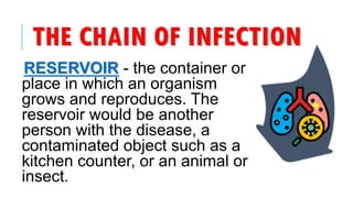 THE CHAIN OF INFECTION
RESERVOIR - the container or
place in which an organism
grows and reproduces. The
reservoir would be another
person with the disease, a
contaminated object such as a
kitchen counter, or an animal or
insect.
 