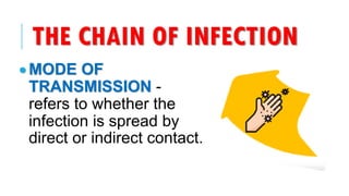 THE CHAIN OF INFECTION
• MODE OF
TRANSMISSION -
refers to whether the
infection is spread by
direct or indirect contact.
 