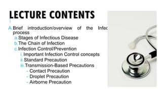 LECTURE CONTENTS
A.Brief introduction/overview of the Infectious
process
a.Stages of Infectious Disease
b.The Chain of Infection
c.Infection Control/Prevention
i.Important Infection Control concepts
ii.Standard Precaution
iii.Transmission-Based Precautions
- Contact Precaution
- Droplet Precaution
- Airborne Precaution
 