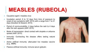 MEASLES (RUBEOLA)
• Causative agent: measles virus
• Incubation period: 8 to 12 days from time of exposure to
onset of any symptoms AAP, 2015) with a range from 7 to 21
days (Goodson & Seward, 2015)
• Period of communicability: 4 days before the rash to 4 days
after the rash appears (AAP, 2015)
• Mode of transmission: direct contact with droplets or airborne
spread (AAP, 2015)
• Immunity: Contracting the disease offers lasting natural
immunity.
• Active artificial immunity: attenuated live measles vaccine
(e.g., MMR)
• Passive artificial immunity: immune serum globulin.
 