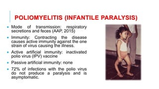 POLIOMYELITIS (INFANTILE PARALYSIS)
• Mode of transmission: respiratory
secretions and feces (AAP, 2015)
• Immunity: Contracting the disease
causes active immunity against the one
strain of virus causing the illness.
• Active artificial immunity: inactivated
polio virus (IPV) vaccine
• Passive artificial immunity: none
• 72% of infections with the polio virus
do not produce a paralysis and is
asymptomatic.
 
