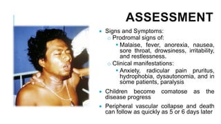 ASSESSMENT
• Signs and Symptoms:
o Prodromal signs of:
▪ Malaise, fever, anorexia, nausea,
sore throat, drowsiness, irritability,
and restlessness.
o Clinical manifestations:
▪ Anxiety, radicular pain pruritus,
hydrophobia, dysautonomia, and in
some patients, paralysis
• Children become comatose as the
disease progress
• Peripheral vascular collapse and death
can follow as quickly as 5 or 6 days later
 
