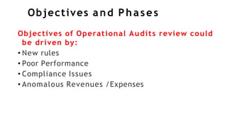 Objectives and Phases
Objectives of Operational Audits review could
be driven by:
• New rules
• Poor Performance
• Compliance Issues
• Anomalous Revenues /Expenses
 