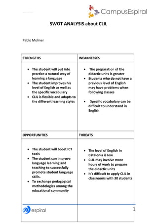 1
Why not CLIL?
SWOT ANALYSIS about CLIL
Pablo Moliner
STRENGTHS WEAKNESSES
 The student will put into
practice a natural way of
learning a language
 The student improves his
level of English as well as
the specific vocabulary
 CLIL is flexible and adapts to
the different learning styles
 The preparation of the
didactic units is greater
 Students who do not have a
previous level of English
may have problems when
following classes
 Specific vocabulary can be
difficult to understand in
English
OPPORTUNITIES THREATS
 The student will boost ICT
tools
 The student can improve
language learning and
teaching to successfully
promote student language
skills.
 To exchange pedagogical
methodologies among the
educational community
 The level of English in
Catalonia is low
 CLIL may involve more
hours of work to prepare
the didactic units
 It’s difficult to apply CLIL in
classrooms with 30 students
 