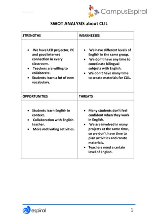 Why not CLIL?
1
SWOT ANALYSIS about CLIL
STRENGTHS WEAKNESSES
• We have LCD projector, PC
and good internet
connection in every
classroom.
• Teachers are willing to
collaborate.
• Students learn a lot of new
vocabulary.
• We have different levels of
English in the same group.
• We don’t have any time to
coordinate bilingual
subjects with English.
• We don’t have many time
to create materials for CLIL.
OPPORTUNITIES THREATS
• Students learn English in
context.
• Collaboration with English
teacher.
• More motivating activities.
• Many students don’t feel
confident when they work
in English.
• We are involved in many
projects at the same time,
so we don’t have time to
plan activities and create
materials.
• Teachers need a certain
level of English.
 