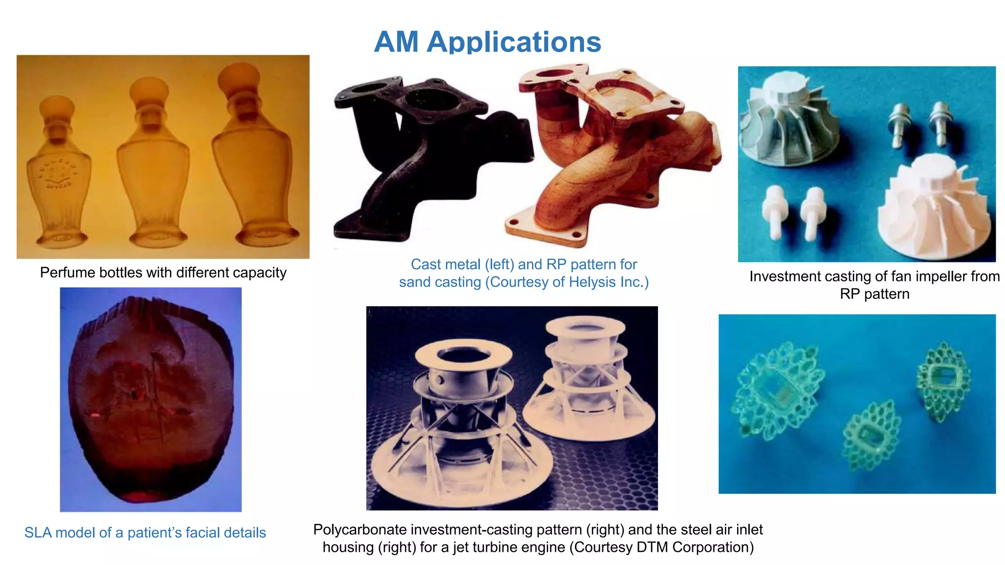 AM Applications
Perfume bottles with different capacity
Cast metal (left) and RP pattern for
sand casting (Courtesy of Helysis Inc.) Investment casting of fan impeller from
RP pattern
Polycarbonate investment-casting pattern (right) and the steel air inlet
housing (right) for a jet turbine engine (Courtesy DTM Corporation)
SLA model of a patient’s facial details
 