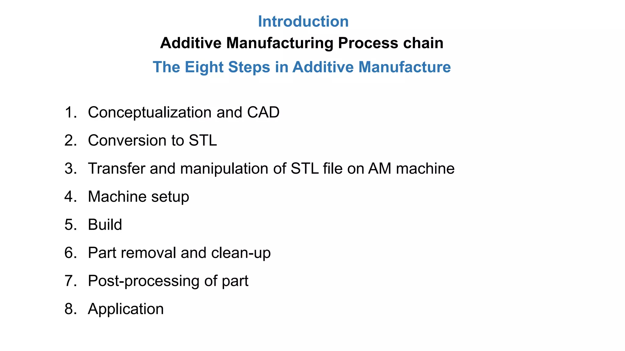 Introduction
Additive Manufacturing Process chain
The Eight Steps in Additive Manufacture
1. Conceptualization and CAD
2. Conversion to STL
3. Transfer and manipulation of STL file on AM machine
4. Machine setup
5. Build
6. Part removal and clean-up
7. Post-processing of part
8. Application
 
