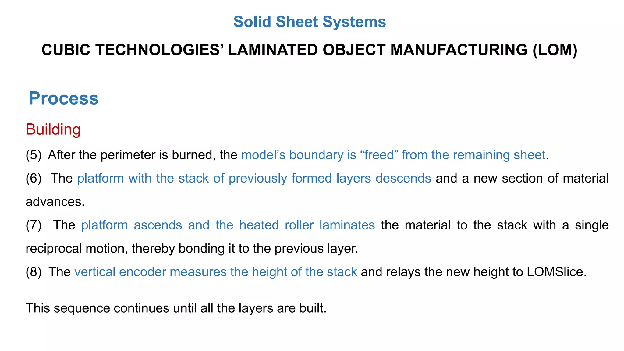 Process
Building
(5) After the perimeter is burned, the model’s boundary is “freed” from the remaining sheet.
(6) The platform with the stack of previously formed layers descends and a new section of material
advances.
(7) The platform ascends and the heated roller laminates the material to the stack with a single
reciprocal motion, thereby bonding it to the previous layer.
(8) The vertical encoder measures the height of the stack and relays the new height to LOMSlice.
This sequence continues until all the layers are built.
CUBIC TECHNOLOGIES’ LAMINATED OBJECT MANUFACTURING (LOM)
Solid Sheet Systems
 