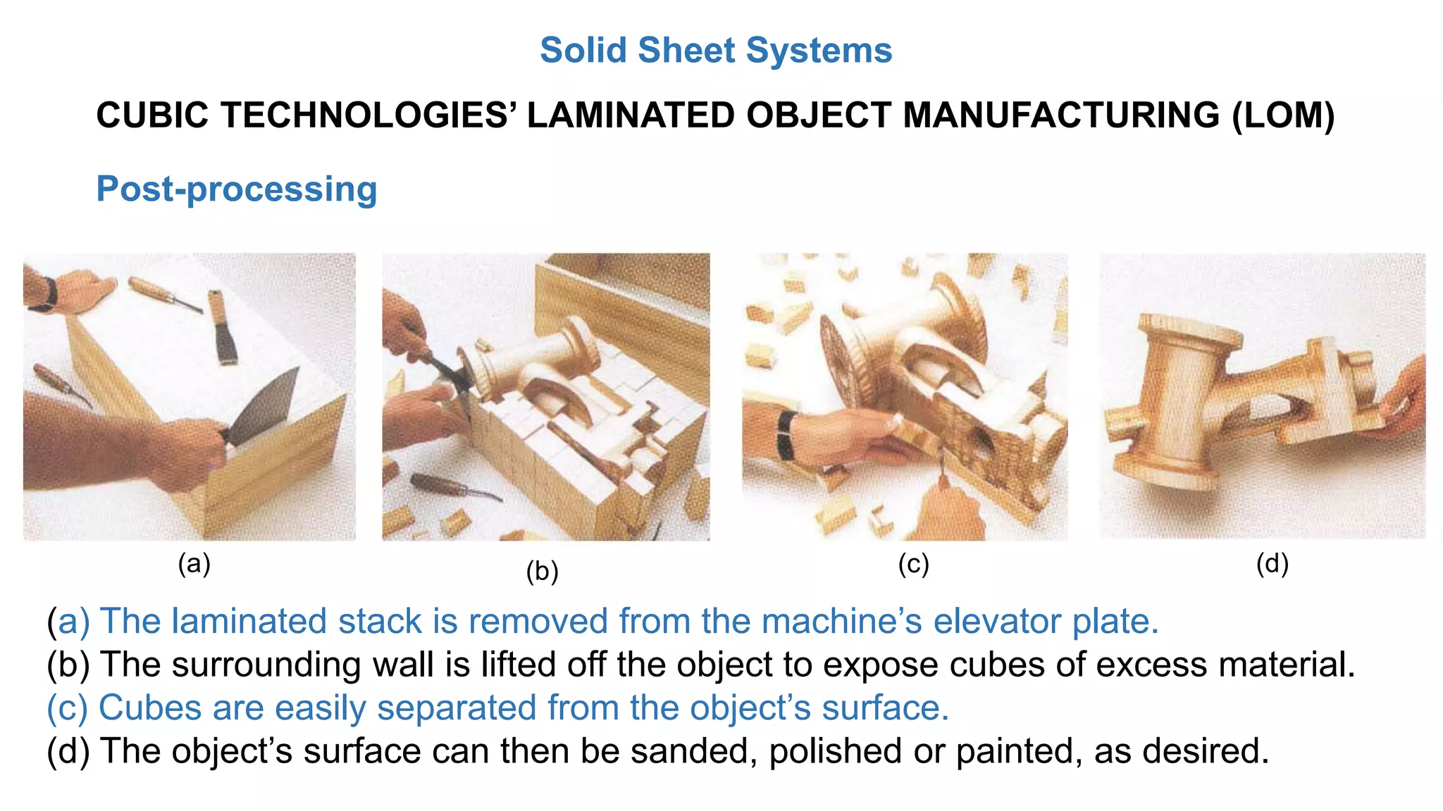 Post-processing
(a) The laminated stack is removed from the machine’s elevator plate.
(b) The surrounding wall is lifted off the object to expose cubes of excess material.
(c) Cubes are easily separated from the object’s surface.
(d) The object’s surface can then be sanded, polished or painted, as desired.
(a) (b) (c) (d)
CUBIC TECHNOLOGIES’ LAMINATED OBJECT MANUFACTURING (LOM)
Solid Sheet Systems
 