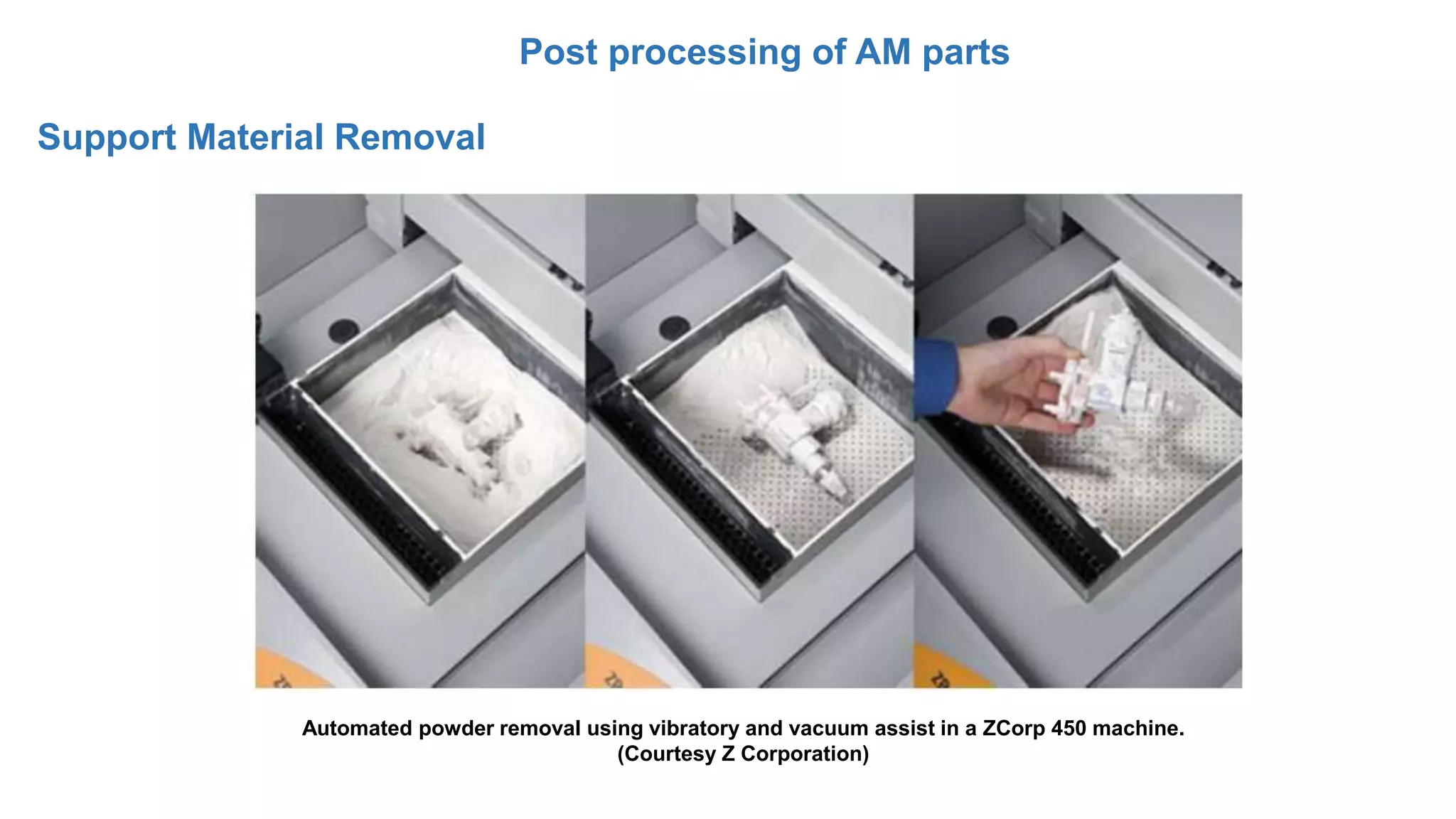 Post processing of AM parts
Support Material Removal
Automated powder removal using vibratory and vacuum assist in a ZCorp 450 machine.
(Courtesy Z Corporation)
 