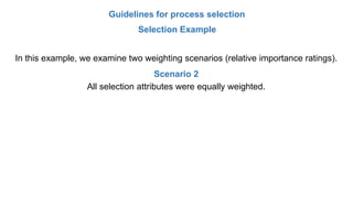Guidelines for process selection
Selection Example
In this example, we examine two weighting scenarios (relative importance ratings).
Scenario 2
All selection attributes were equally weighted.
 