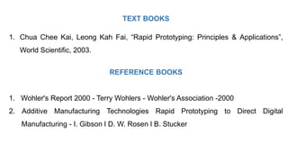 TEXT BOOKS
1. Chua Chee Kai, Leong Kah Fai, “Rapid Prototyping: Principles & Applications”,
World Scientific, 2003.
REFERENCE BOOKS
1. Wohler's Report 2000 - Terry Wohlers - Wohler's Association -2000
2. Additive Manufacturing Technologies Rapid Prototyping to Direct Digital
Manufacturing - I. Gibson l D. W. Rosen l B. Stucker
 